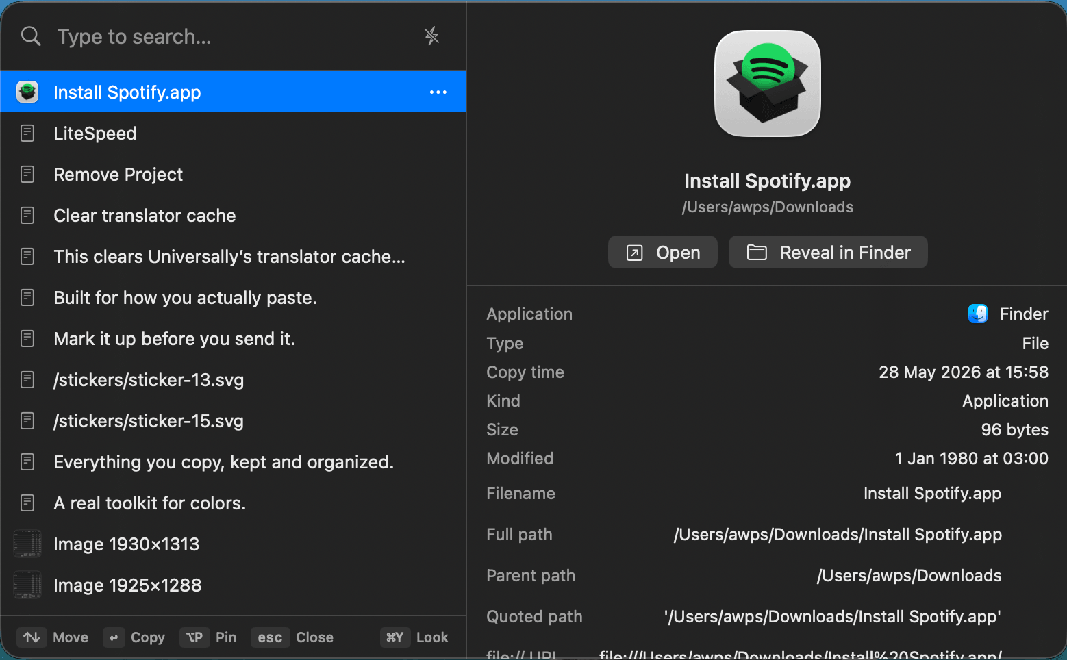 Volet d'aperçu de fichier Graboard avec les détails de l'application — type, taille, date de modification et chemin complet