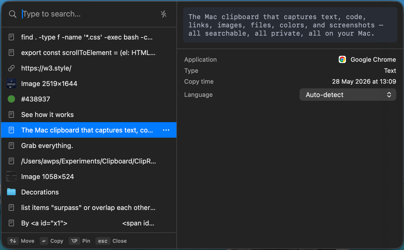 Fenêtre contextuelle Graboard avec barre d'indices du clavier en bas — Déplacer, Copier, Épingler, Fermer
