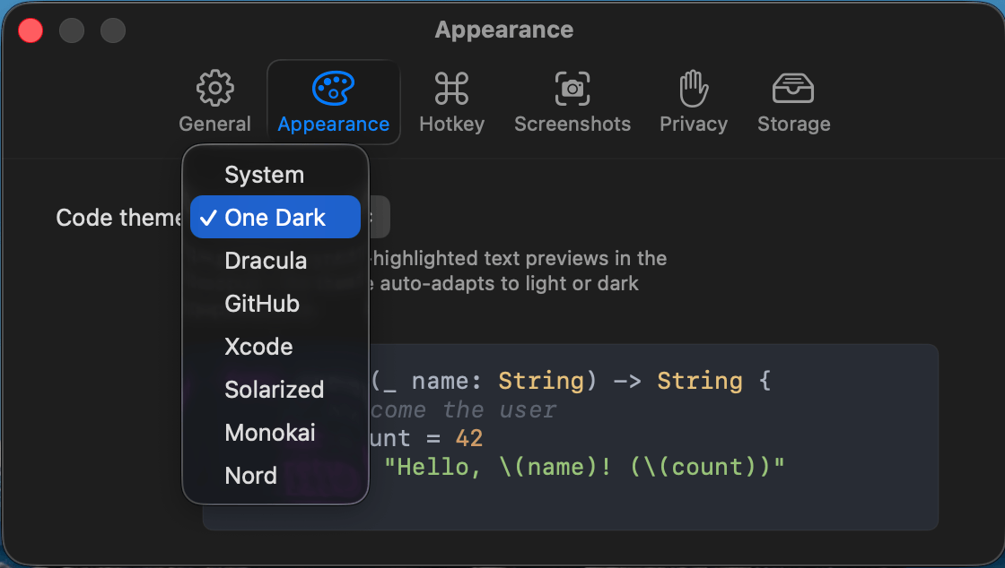 Aperçu d'élément de code avec coloration syntaxique et un sélecteur de thème de code ouvert