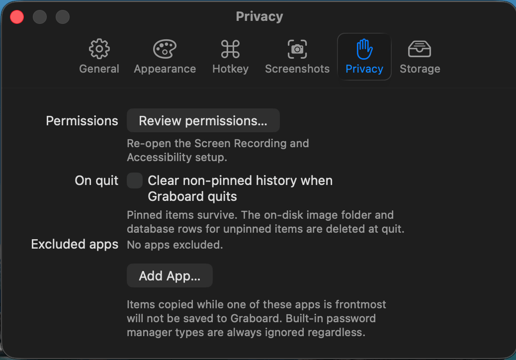 Paramètres de confidentialité Graboard — applications exclues, effacer à la fermeture et protection du gestionnaire de mots de passe