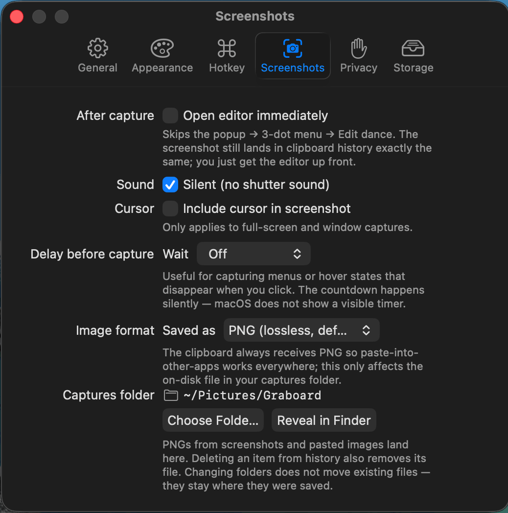 Paramètres des captures d'écran Graboard — capture silencieuse, curseur, délai, format d'image et dossier de captures